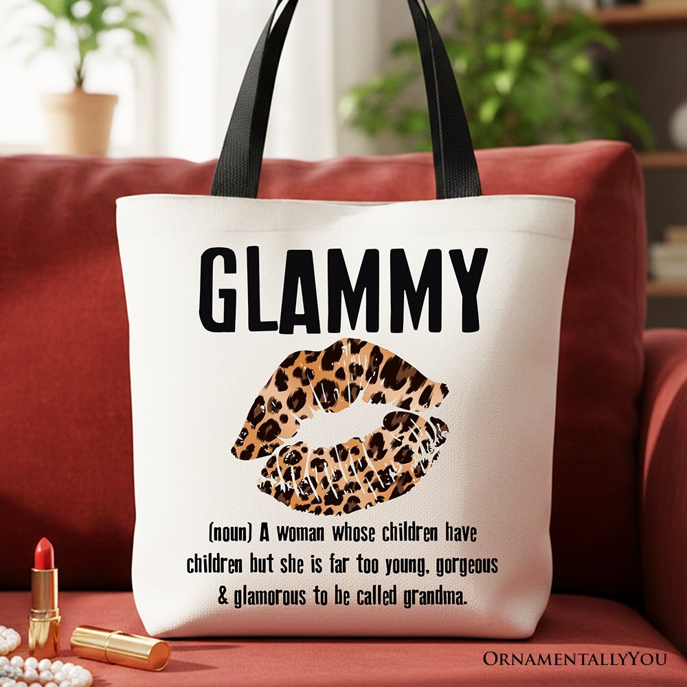 Glammy Leopard Lips canvas tote bag with off-white, black, and brown print