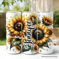 20oz stainless steel travel tumbler featuring a glittered sunflower pattern with a matching lid and straw.