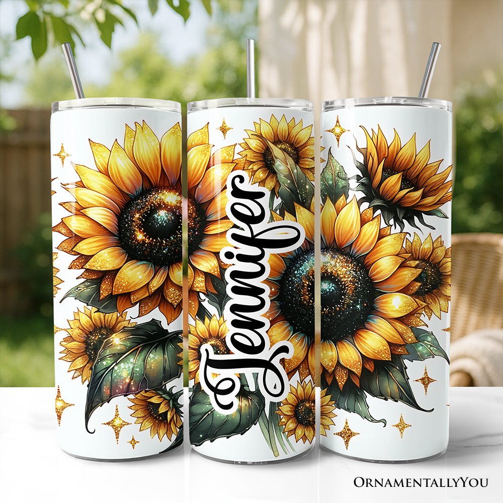 20oz stainless steel travel tumbler featuring a glittered sunflower pattern with a matching lid and straw.