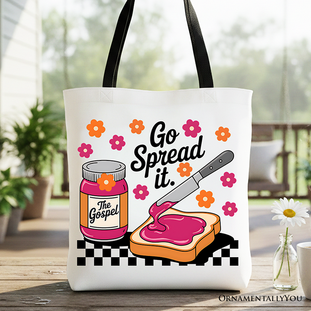 Go Spread It Christian tote bag with cute gospel graphic, handcrafted in the USA