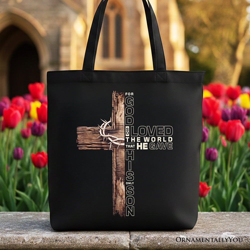 Christian John 3:16 Cross Tote Bag with inspirational text, handcrafted in the USA