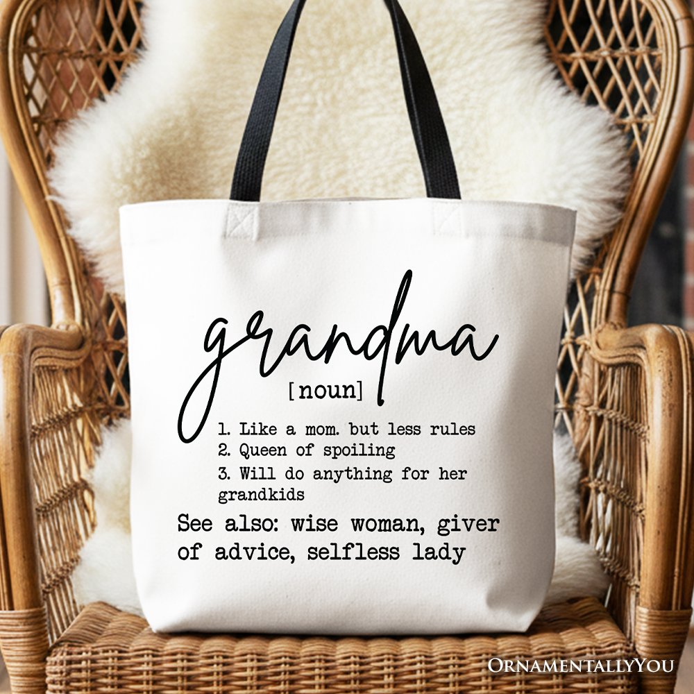 Minimalist Grandma definition canvas tote bag in white with black text, perfect gift for Nana.