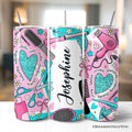 20oz personalized hair stylist tumbler with beauty tool patterns in pink and teal.
