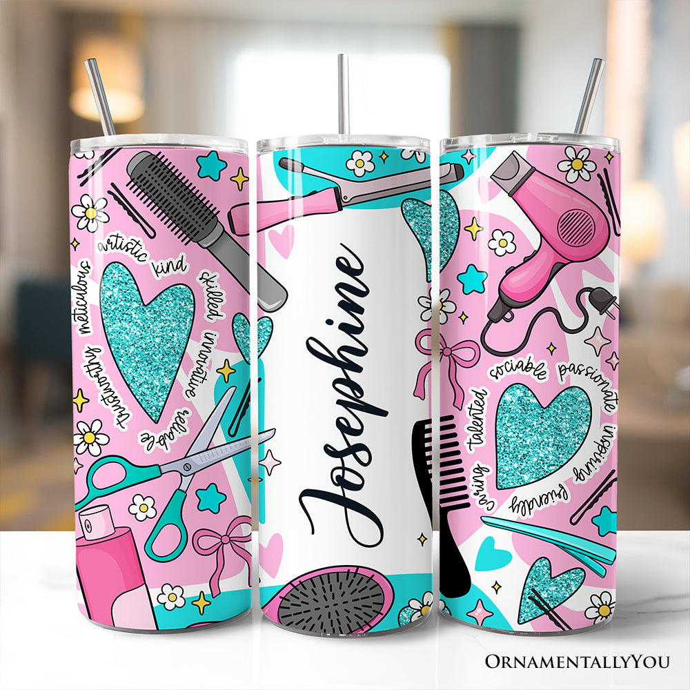 20oz personalized hair stylist tumbler with beauty tool patterns in pink and teal.