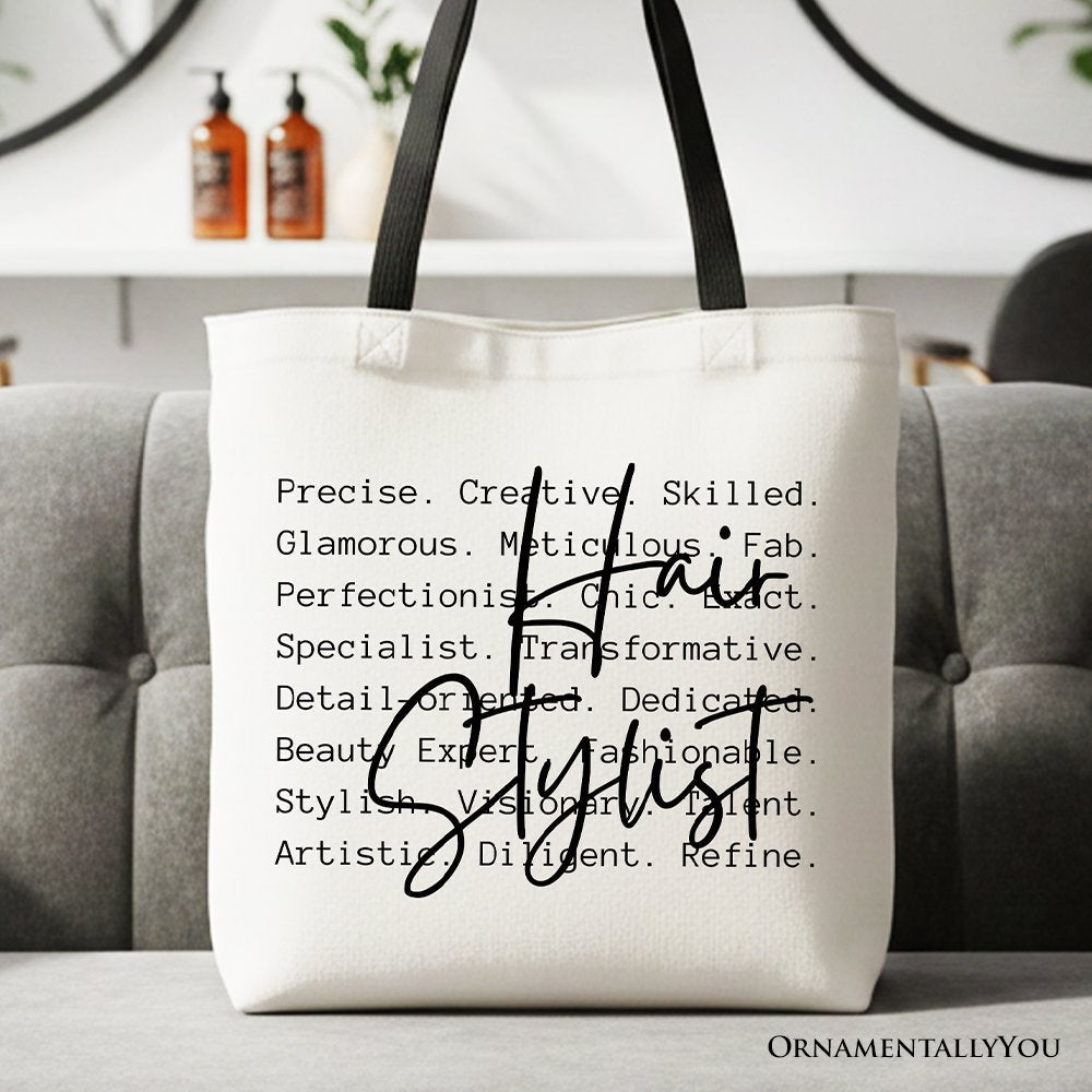Minimalist white cotton canvas tote bag with Hair Stylist definition text