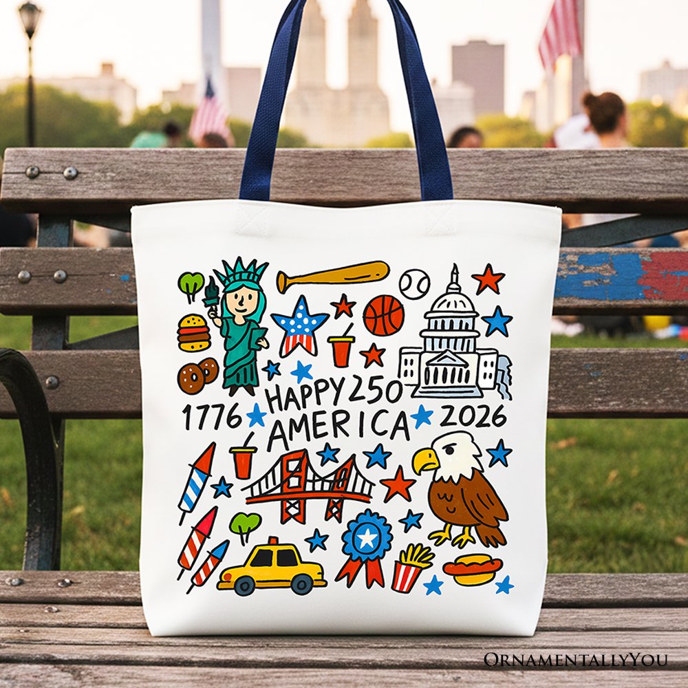 White cotton tote bag with patriotic Happy 250 America doodle design