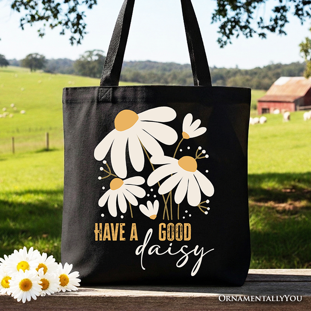 Have a Good Daisy floral print cotton tote bag with retro bohemian vibes