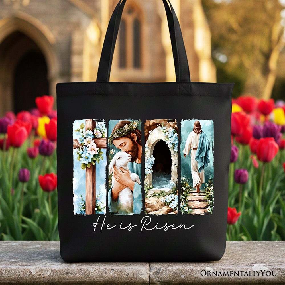 He Is Risen Christian brushstroke design canvas tote bag for Easter