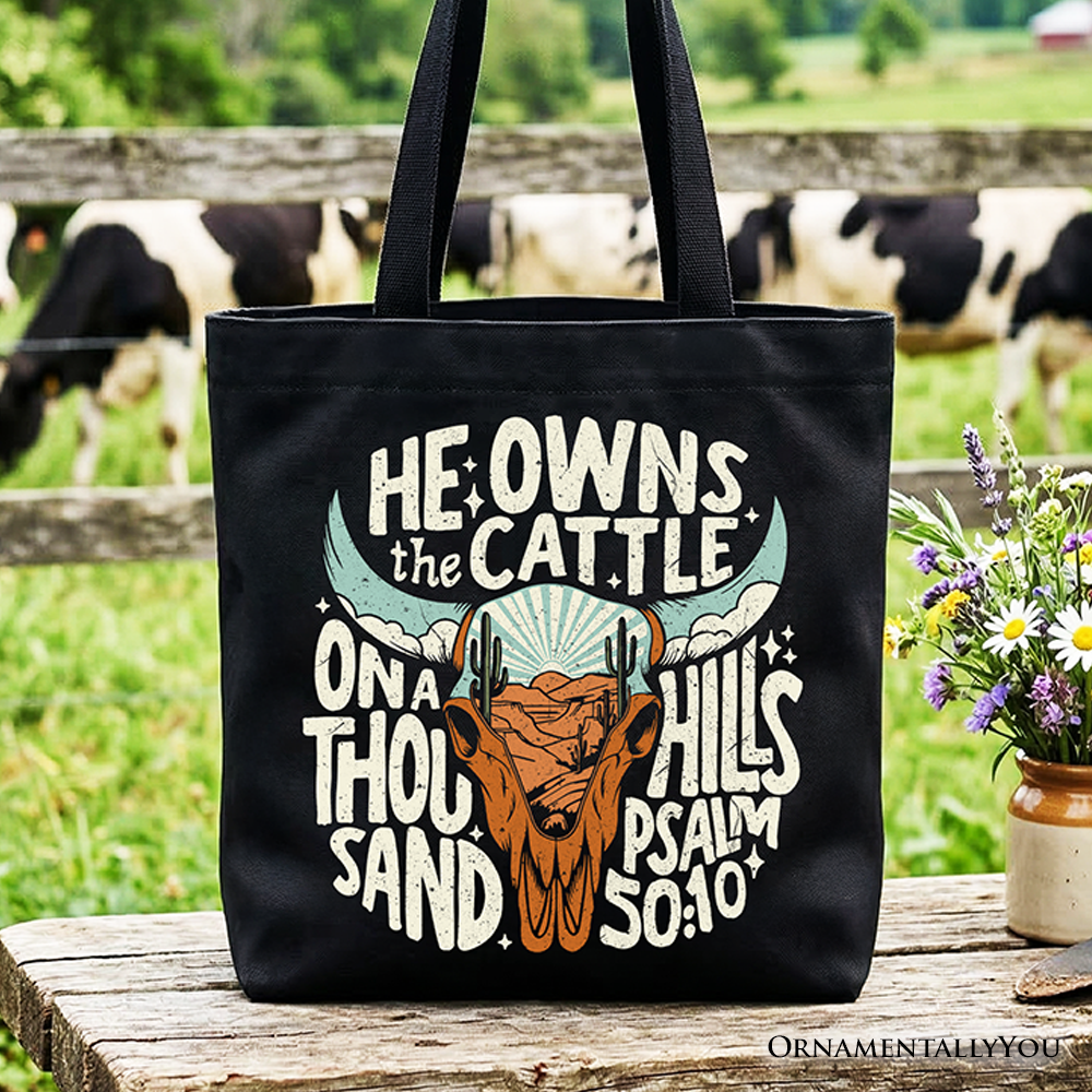 Cattle on a Thousand Hills Christian western faith themed tote bag