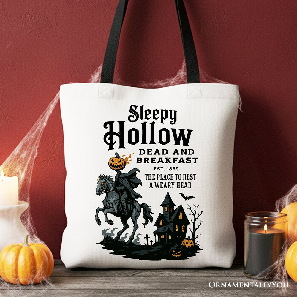 Headless Horseman Sleepy Hollow Dead and Breakfast print on off-white canvas tote