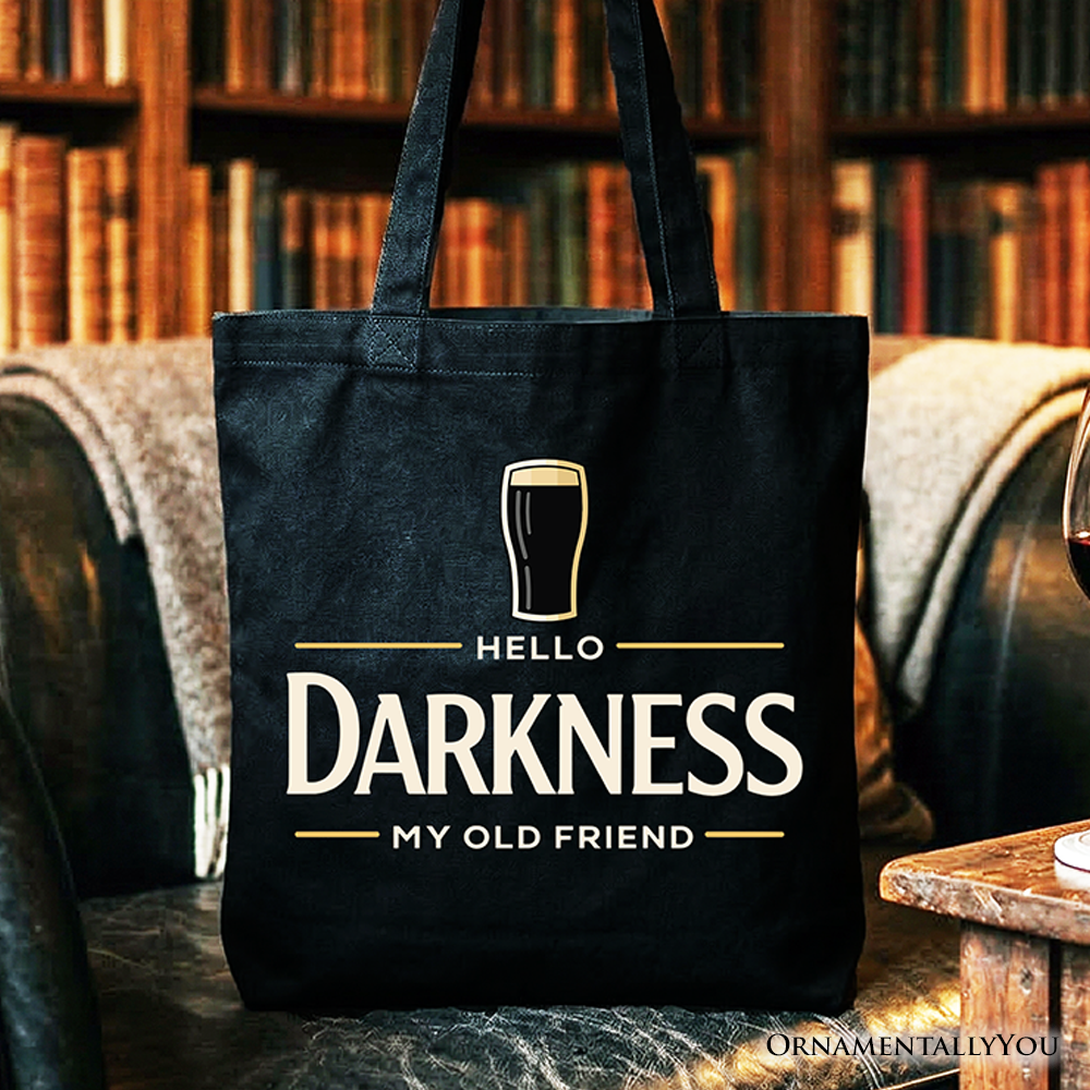 A black and cream cotton tote bag with the text Hello Darkness My Old Friend for beer lovers