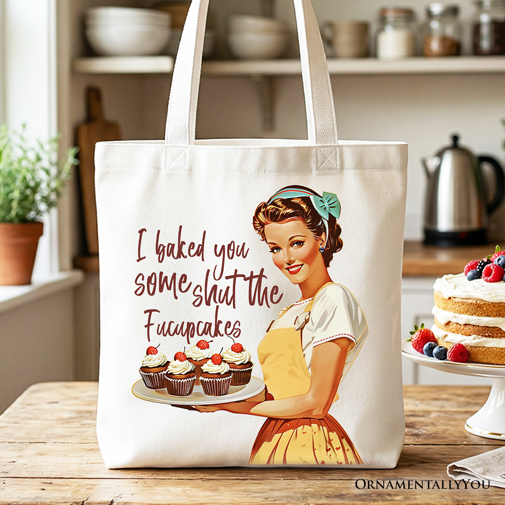 Funny retro cream cotton tote bag with I Baked You Some Shut The F*cupcakes text.