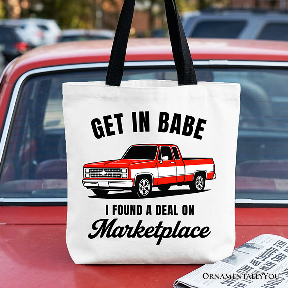 I Found A Deal On Marketplace canvas tote bag with a funny red truck graphic