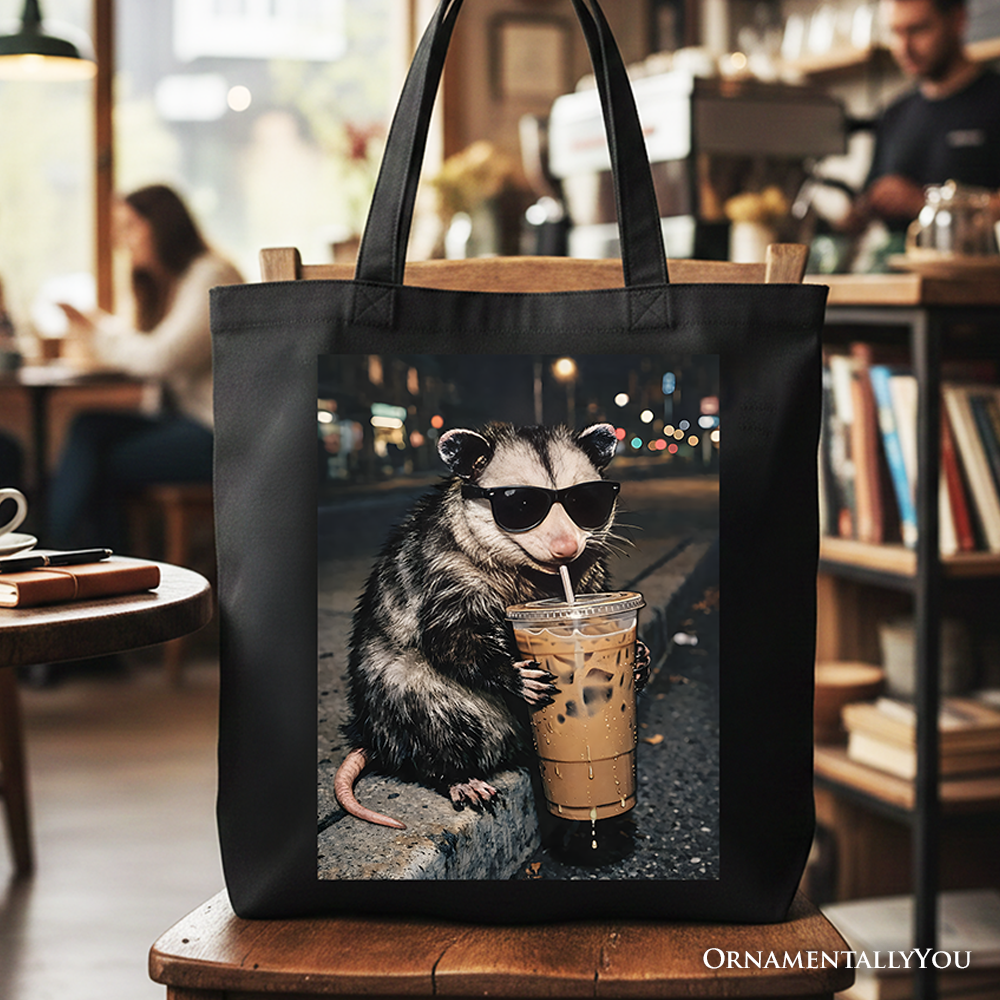 Funny tote bag with an opossum drinking iced coffee, perfect for meme and coffee lovers.