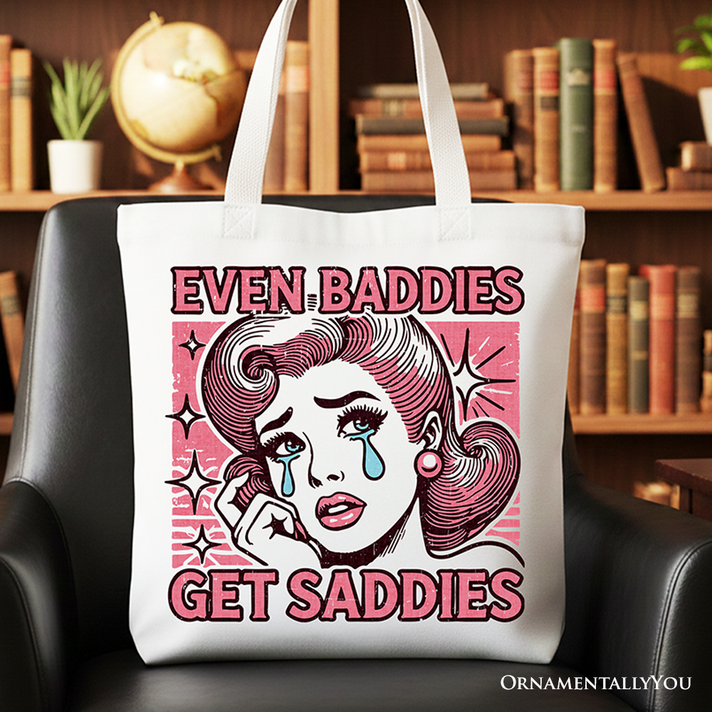 Retro pop art crying girl design tote bag with Even Baddies Get Saddies text