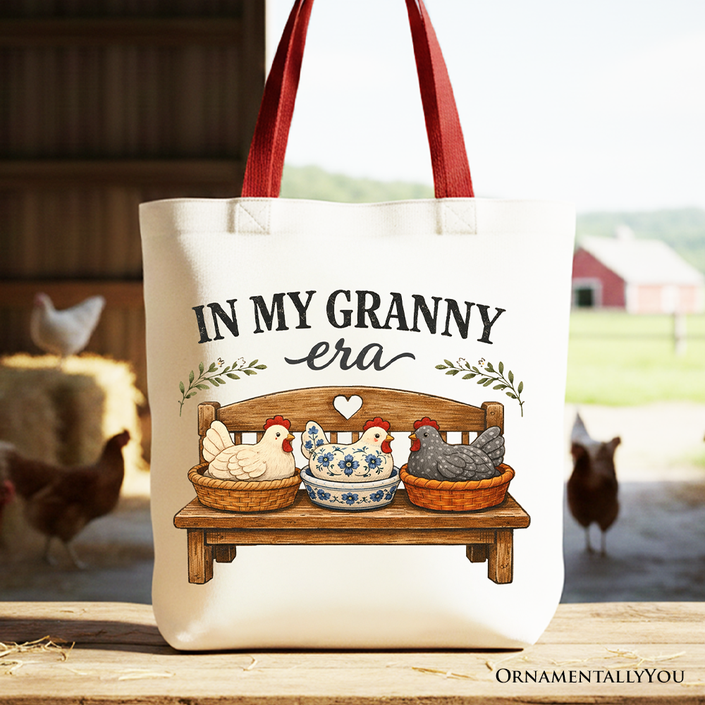 Vintage farmhouse style cotton tote in off-white with red accents and a chicken graphic illustration