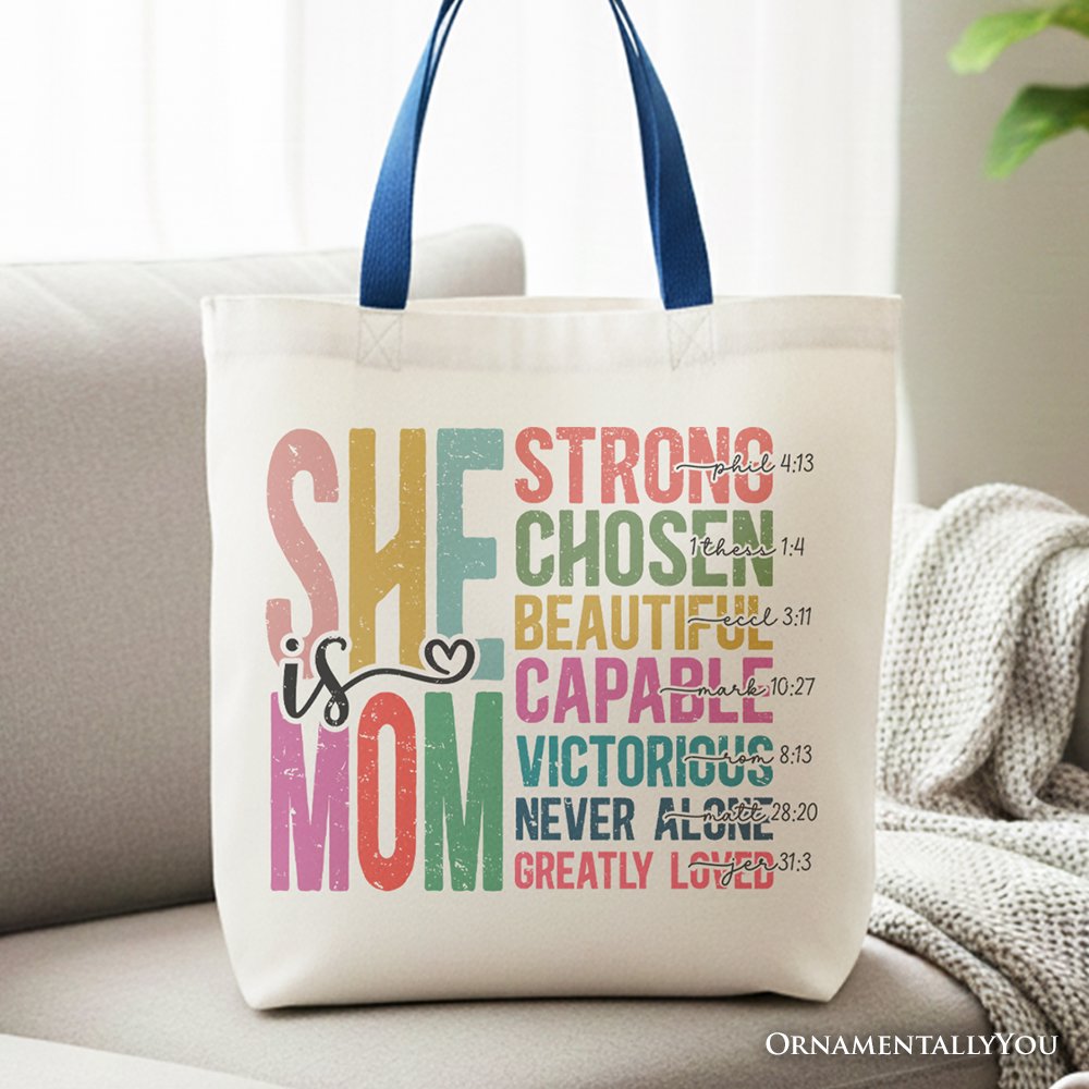 Inspirational canvas tote bag with list of Christian affirmations for moms on off-white cotton.