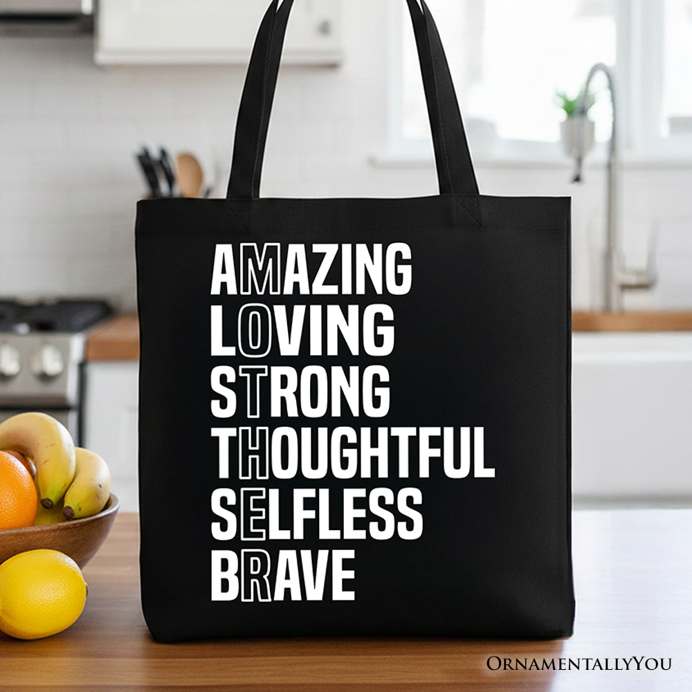 Minimalist black and white cotton tote bag with inspirational text for moms
