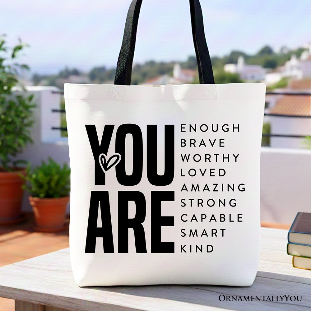 Minimalist Inspirational Words canvas tote bag in white and black