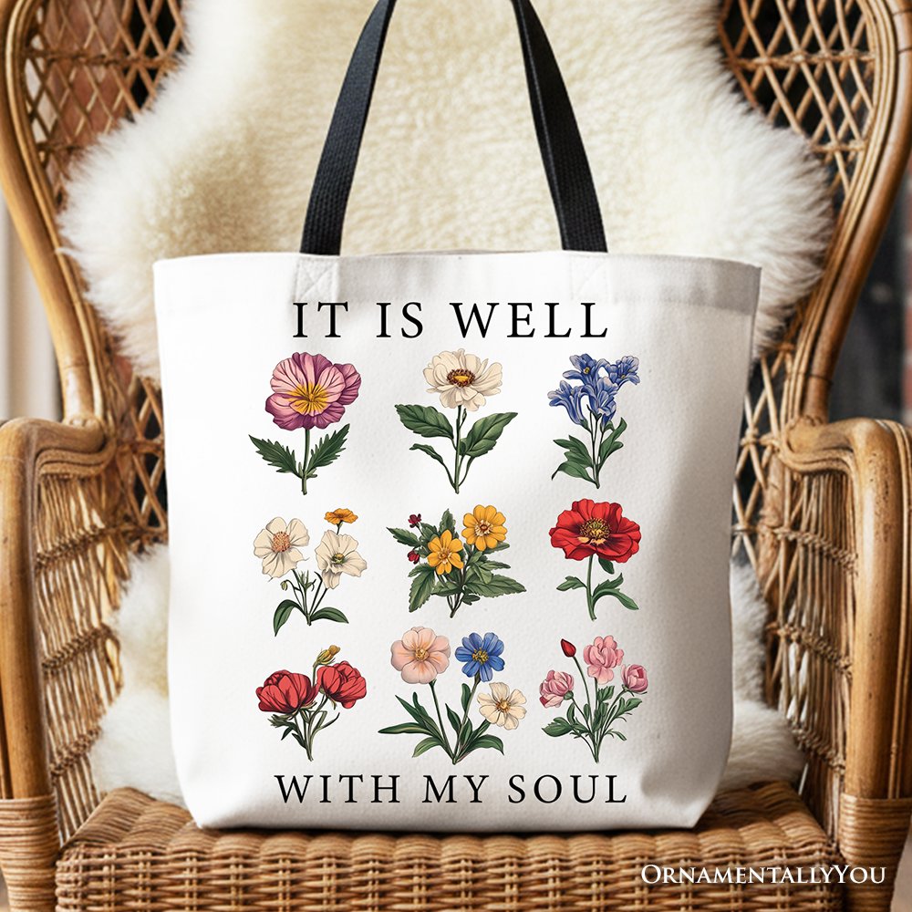Floral design canvas tote bag with 'It Is Well With My Soul' text