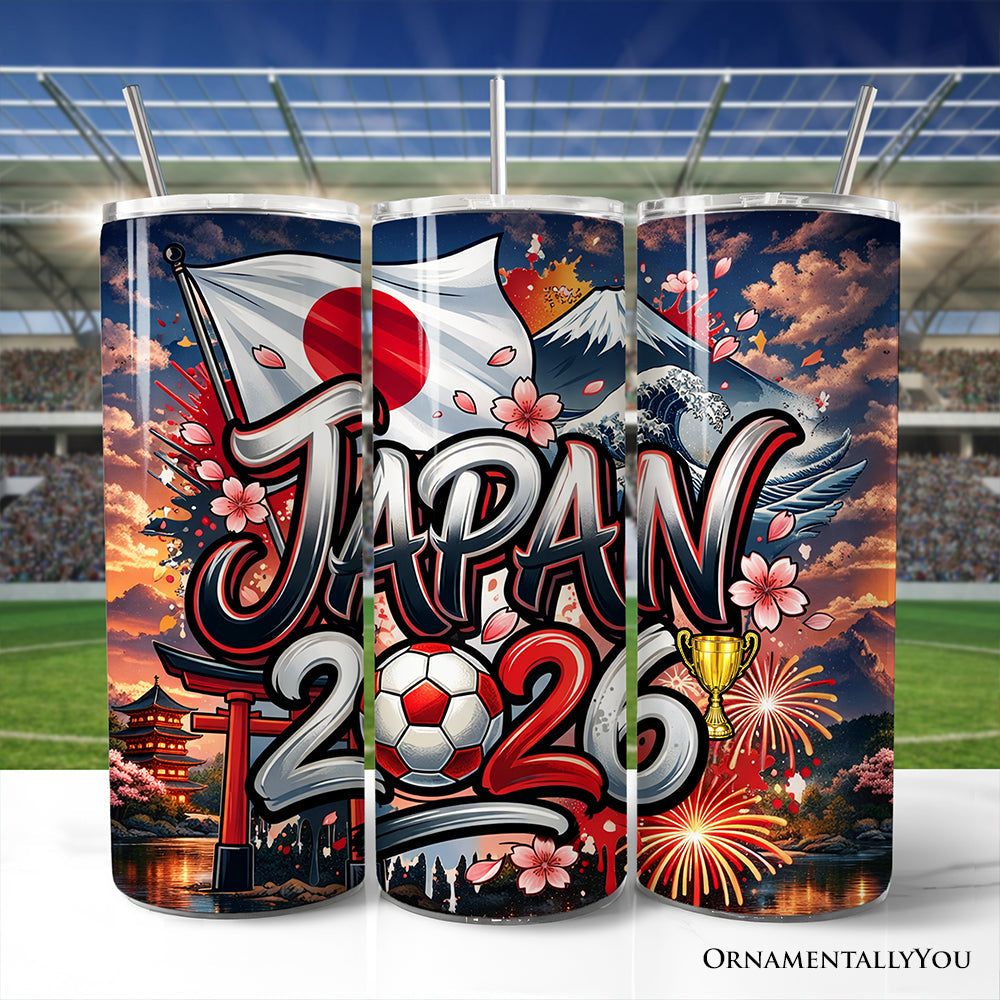 Japan 2026 Soccer Cup 20oz stainless steel tumbler featuring an abstract patriotic design with red, white, blue, and gold tones.