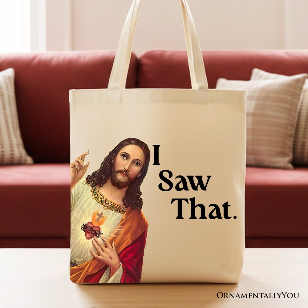 Off-white canvas tote bag featuring Jesus I Saw That text graphic