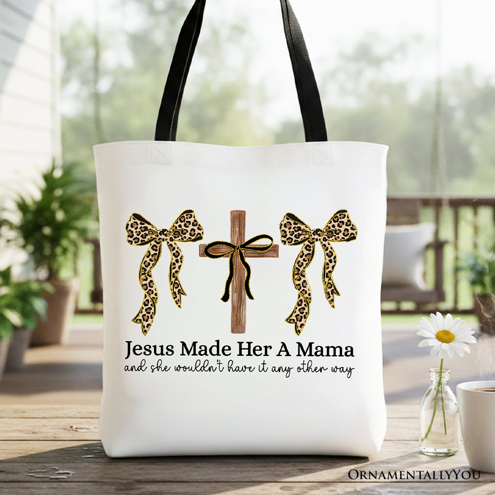 Jesus Made Her A Mama tote bag with leopard bows and coquette aesthetic