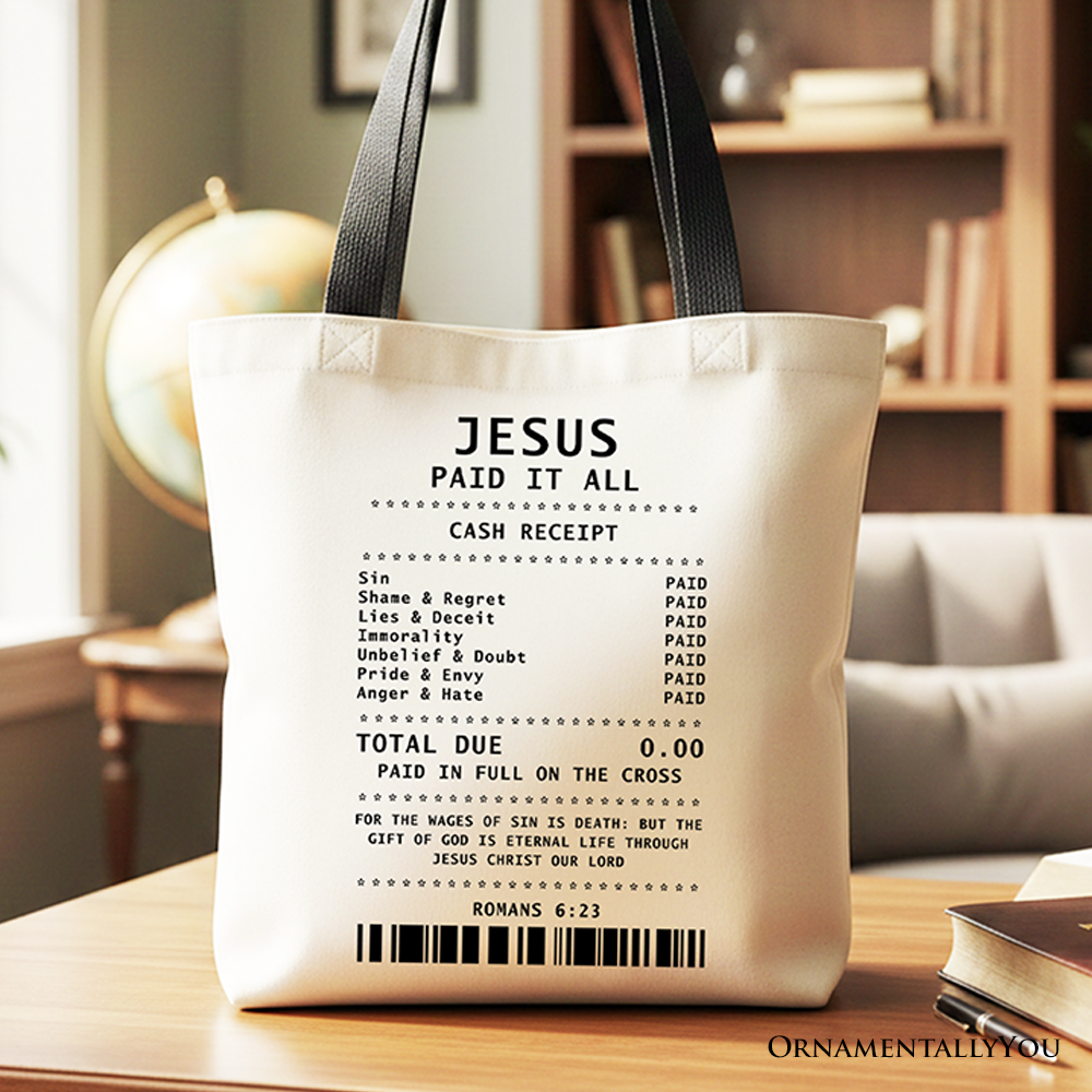 Minimalist black and white Jesus Paid It All cash receipt tote bag