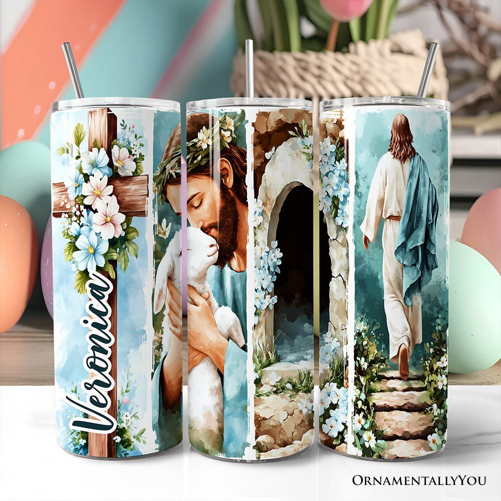 20oz blue brushstroke travel tumbler with Jesus Has Risen text and stainless steel straw