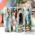 20oz blue brushstroke travel tumbler with Jesus Has Risen text and stainless steel straw