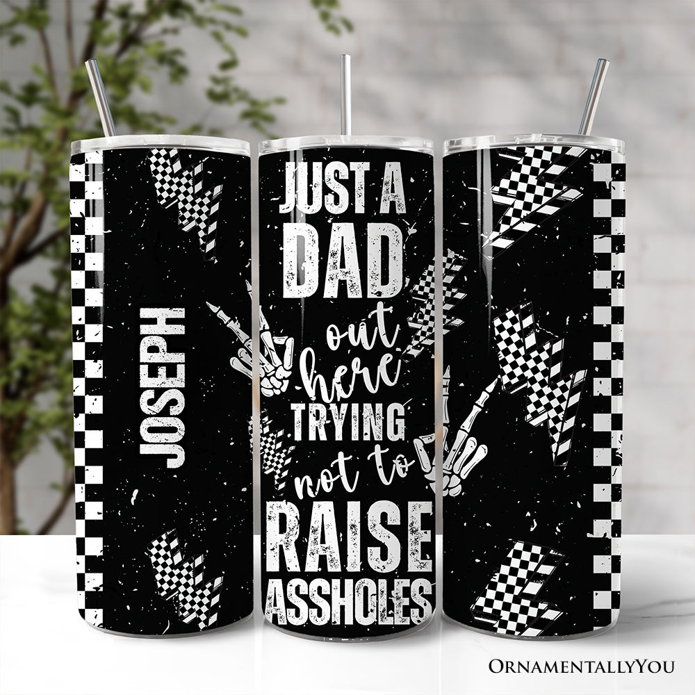 Just A Dad checkered lightning 20oz stainless steel travel mug with lid and straw