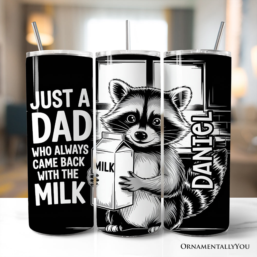 20oz monochromatic black and white stainless steel tumbler with funny raccoon dad illustration and straw