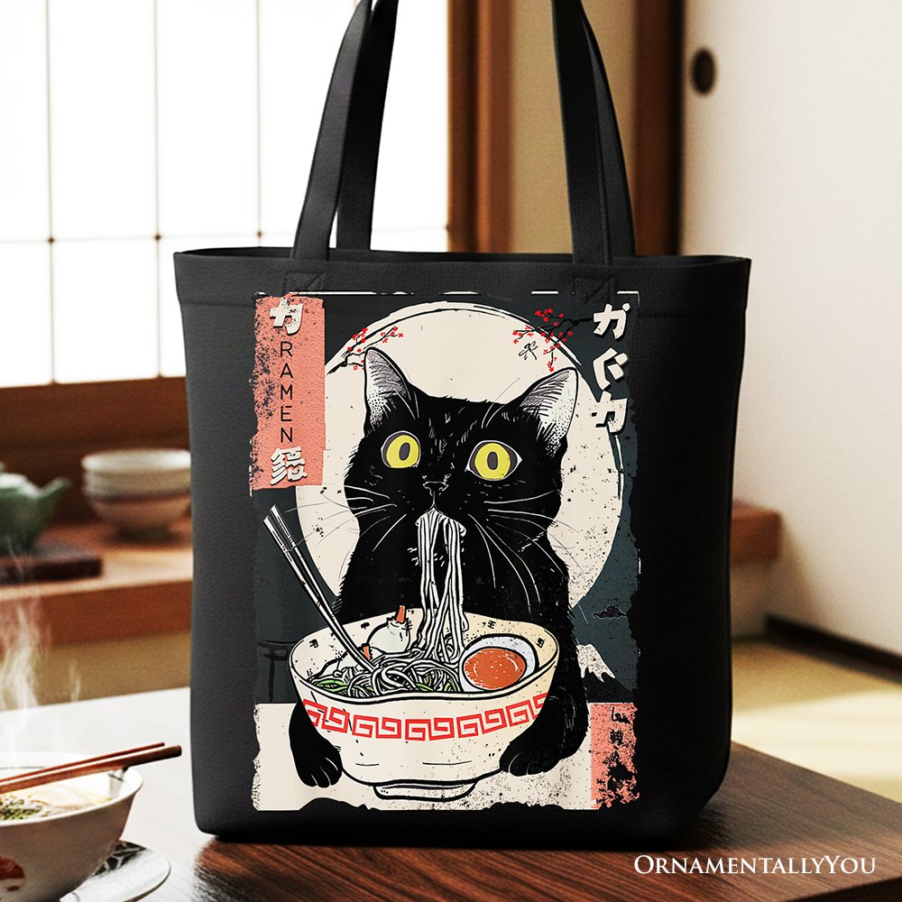 Kawaii anime cat eating ramen illustration on a beige canvas tote bag