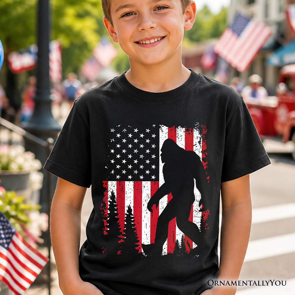 A soft 100% cotton kids t-shirt featuring a fun Bigfoot graphic with an American flag design.