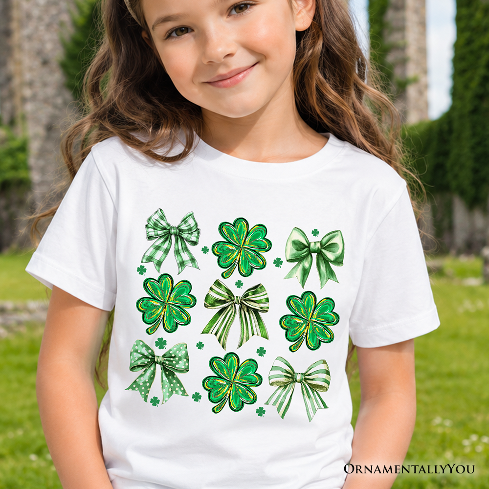 Kids green St. Patrick's day t-shirt featuring shamrocks and bows