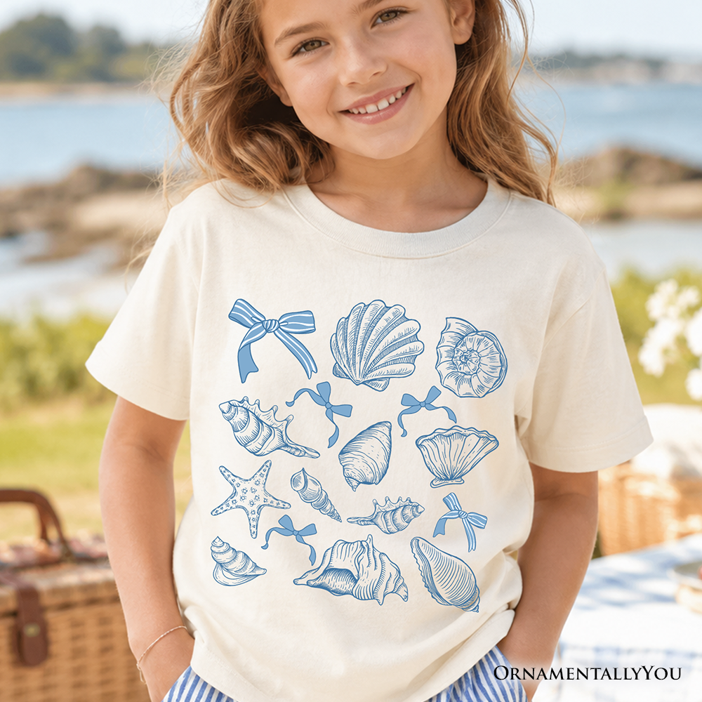 Close up of retro-style seashell graphic on a soft cotton kids t-shirt