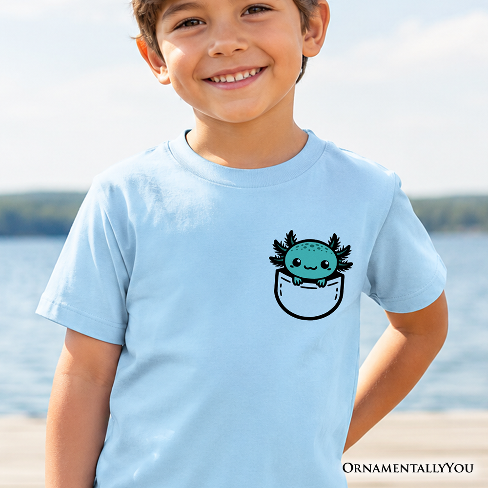 Blue axolotl salamander graphic on a kids blue t-shirt