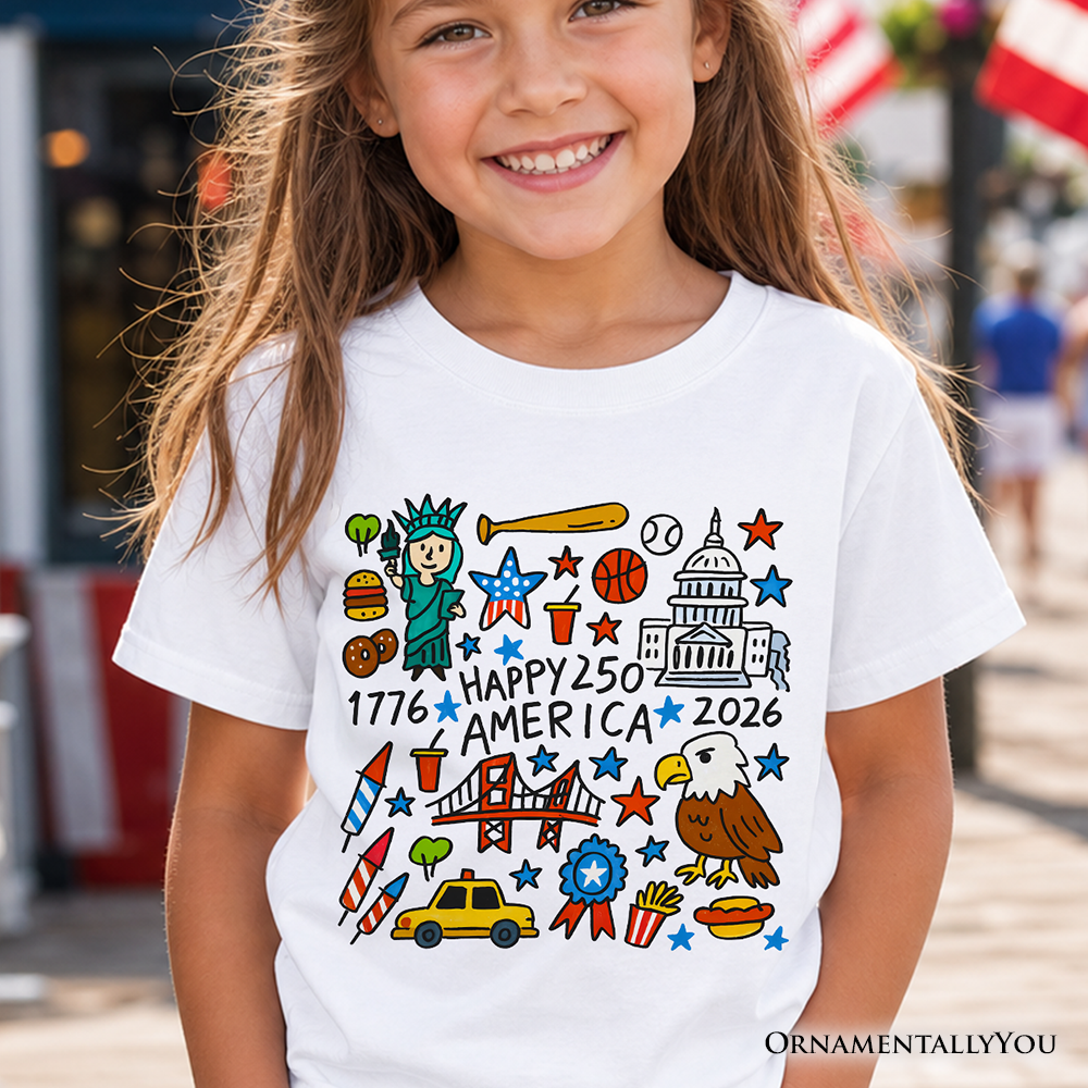 Youth wearing a 1776-2026 patriotic America doodle t-shirt, 100% cotton design.