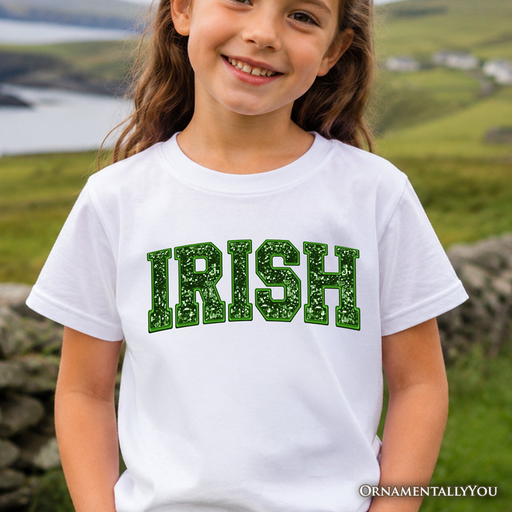 Kids green St. Patrick's Day t-shirt with glittery shamrock design