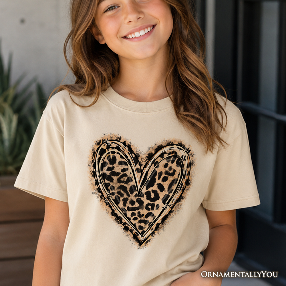 Kids Valentine's Day t-shirt featuring a watercolor leopard heart print in black, beige, and brown.