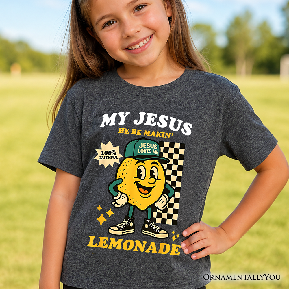 Retro-style grey graphic t-shirt featuring Jesus lemonade artwork for kids