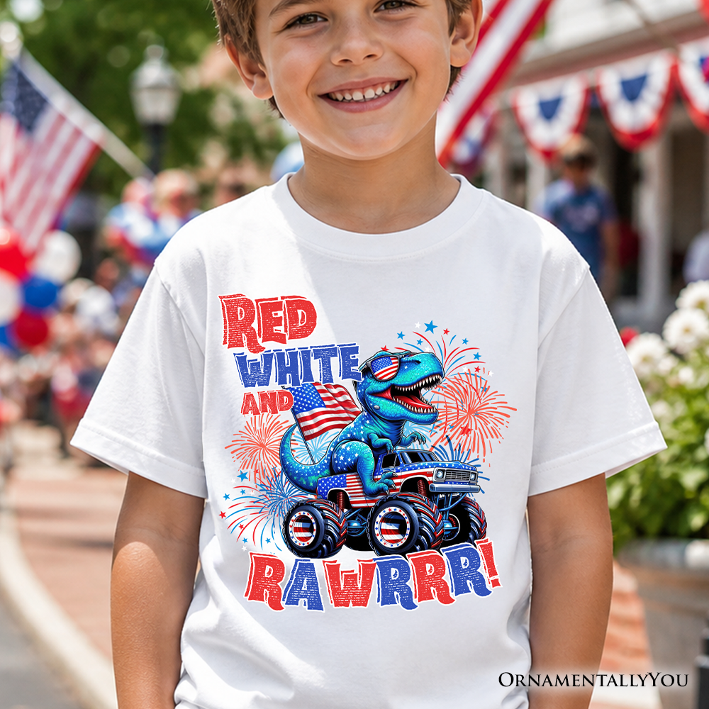 Child wearing a patriotic red, white, and blue dinosaur monster truck t-shirt for 4th of July