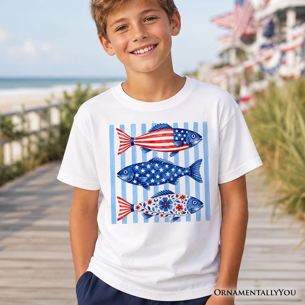 Patriotic red, white, and blue striped t-shirt with fish graphic for kids