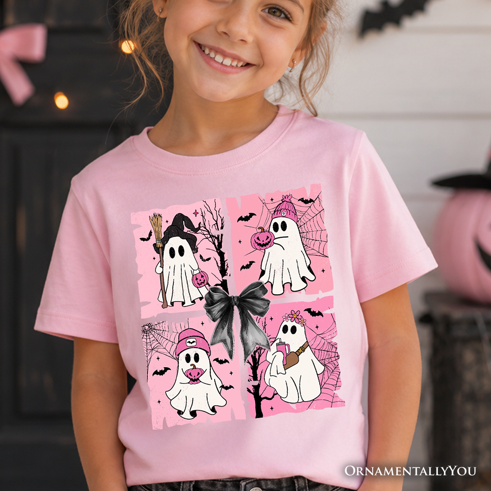 A soft pink kids t-shirt featuring a cute ghost graphic for Halloween