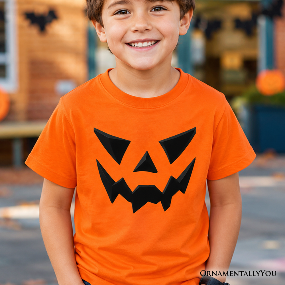 A minimalist kids Halloween t-shirt featuring a spooky pumpkin face design in orange and black.
