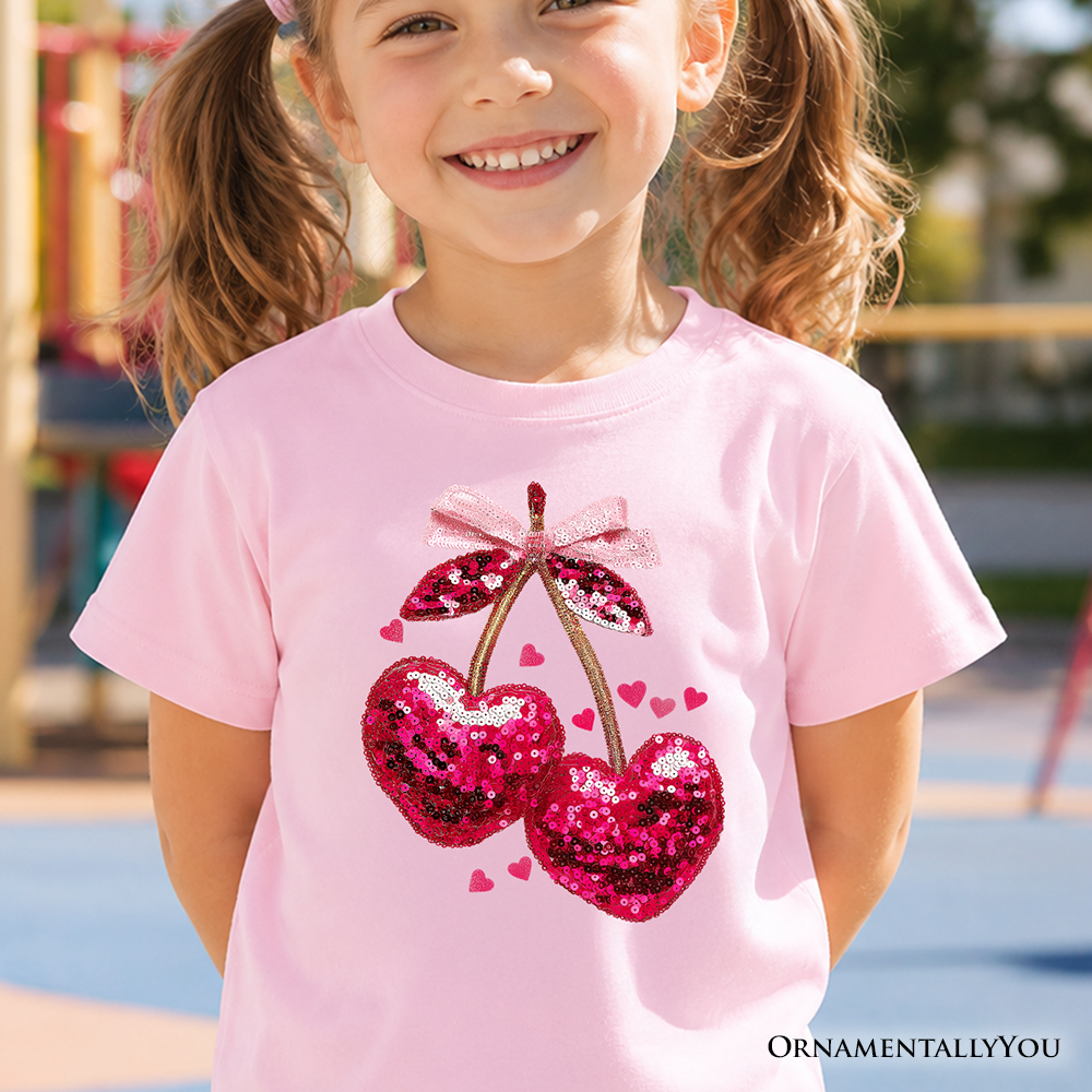 Pink girls t-shirt with a sequin cherry heart design for Valentine's Day