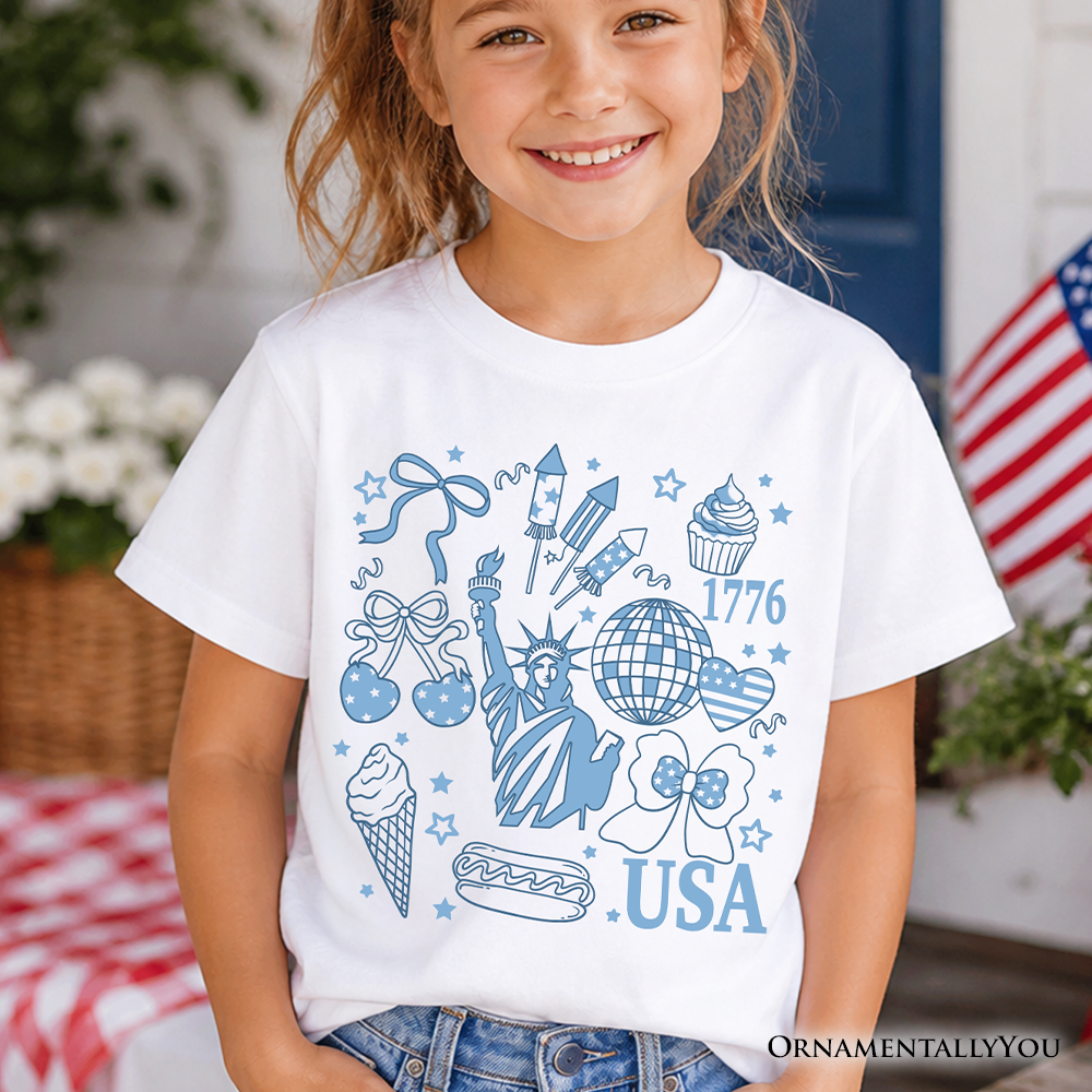 Child wearing a patriotic USA Liberty retro coquette graphic t-shirt for kids