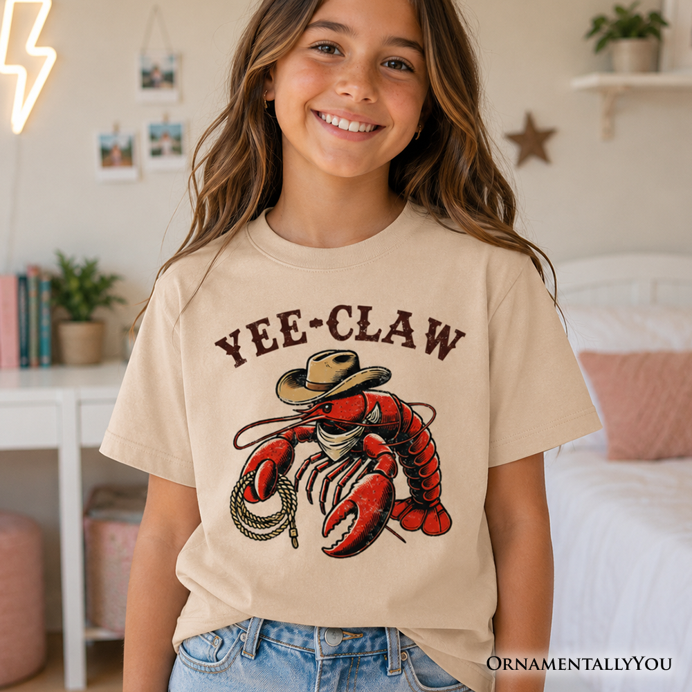 A close-up of a Kids Western Yee Claw Lobster T-Shirt featuring a cowboy lobster graphic.