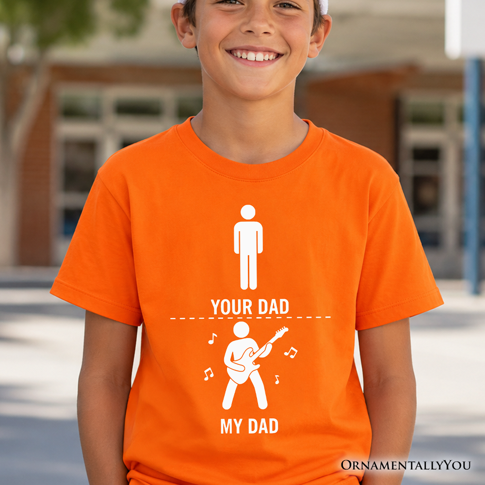 Child wearing a funny Your Dad Vs My Cool Dad bass guitar graphic t-shirt