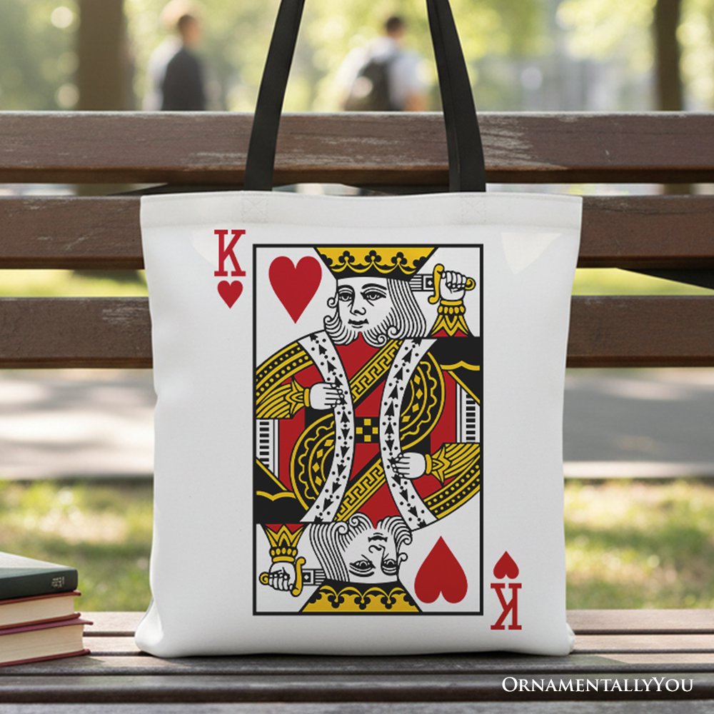 King of Hearts abstract cotton canvas tote bag in white, red, black, and yellow